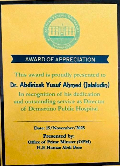Award of Appreciation presented to Dr. Abdirizak Yusuf Ahmed (Jalaludin)